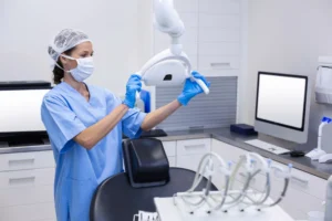 Dental assistant in blue scrubs adjusting an overhead dental light in a modern clinic, wearing a face mask, gloves, and a hairnet.
