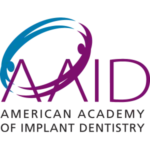 Logo of the American Academy of Implant Dentistry featuring the acronym 'AAID' in purple with a blue circular swoosh above, and the full organization name below.