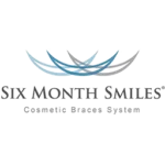 Logo of Six Month Smiles featuring blue and gray curved lines resembling a smile above the text 'Six Month Smiles' with 'Cosmetic Braces System' below.